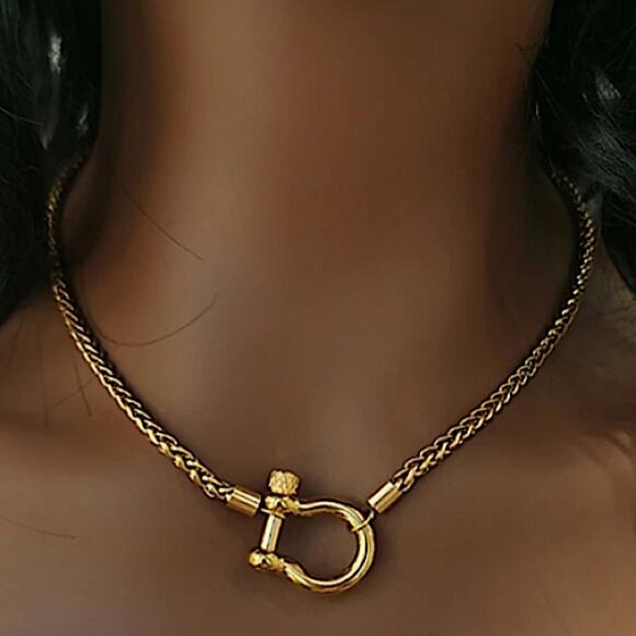 Horseshoe Gold Statement Choker Necklace, Horse D Ring - Picture 1 of 1